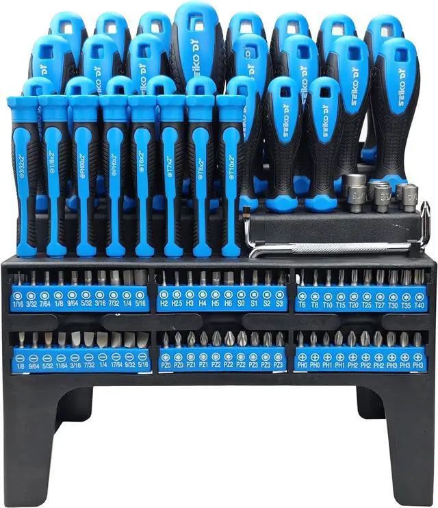 Main image of 100-Piece Magnetic Screwdriver Set with Plastic Rack Includes Slotted/Phillips/Torx Precision Drivers Non-Slip Rubber Handles Multi-Purpose Hand Tools Ideal Gift for Handymen & DIY Enthusiasts