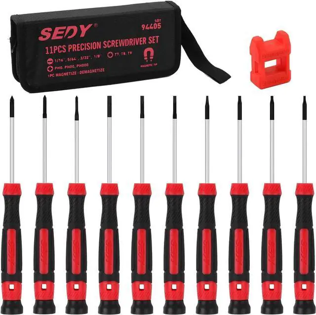 Main image of 11-Piece Precision Screwdriver Set - Magnetic Mini Screwdrivers for Eyeglasses Watches Computers Laptops Phones - Phillips Slotted Torx Non-Slip Handle Portable Storage Bag Included