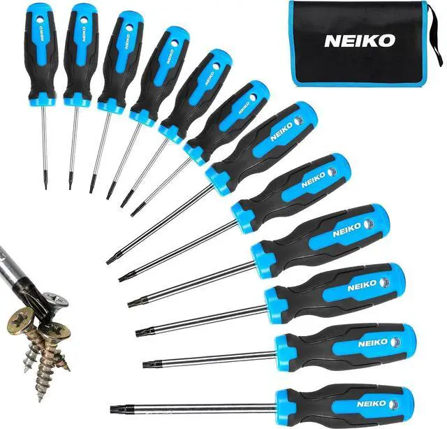 Main image of 01377A Magnetic Torx Screwdriver Set | 12 Piece | T5  T40 | 6 Point Star Head Driver | Heat Treated Chrome Vanadium Steel | Non Slip Cushioned Handle Grip | Magnet Bit Tip | Carrying Pouch