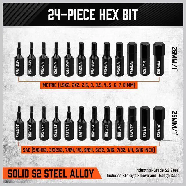 Alt view image 6 of 7 - 25-Piece Hex Screwdriver Bit Set | Metric and SAE Hex Bit Set 1/4 inch Ratcheting Magnetic Bit Driver