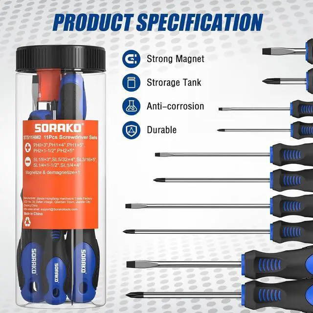 Alt view image 4 of 7 - 11-Piece Magnetic Screwdriver Set 5 Phillips and 5 Slotted Tips Include Magnetizer Screwdriver with Professional Non-Slip Grip for Home Repair and DIY ProjectsWith Case