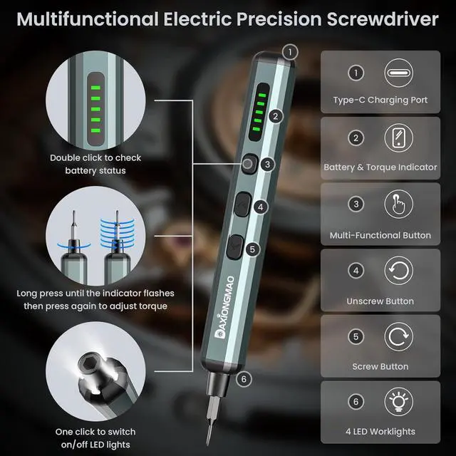 Alt view image 2 of 7 - 70-in-1 Cordless Electric Screwdriver Set with 64 S2 Steel Bits: 3.7V USB-C Rechargeable 5 Torque Settings & 4 LED Lights Mini Repair Kit for PC RC Electronics Phones Laptops Glasses Clocks