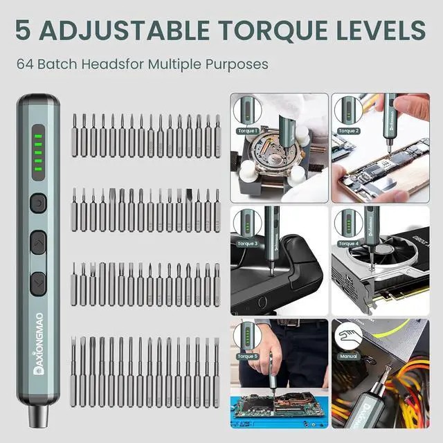 Alt view image 3 of 7 - 70-in-1 Cordless Electric Screwdriver Set with 64 S2 Steel Bits: 3.7V USB-C Rechargeable 5 Torque Settings & 4 LED Lights Mini Repair Kit for PC RC Electronics Phones Laptops Glasses Clocks