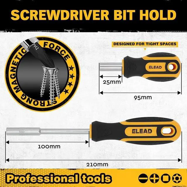 Alt view image 4 of 7 - 26-Piece Magnetic Screwdriver & Bit Set - Strong Magnetic Bit Holder and Screwdriver Bits Durable & Versatile Ergonomic Cushion Grip 95mm & 210mm Handles Torx Square Phillips Slotted Bits