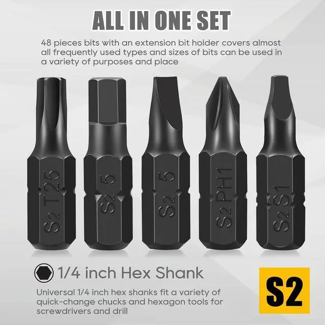 Alt view image 5 of 7 - 49-Pack Screwdriver Bit Set Hex Head Drill Bit Set Torx Square Slotted Phillips Bit Set with 1/4 Bit Holder 1/4 Hex Shank S2 Steel 1Long