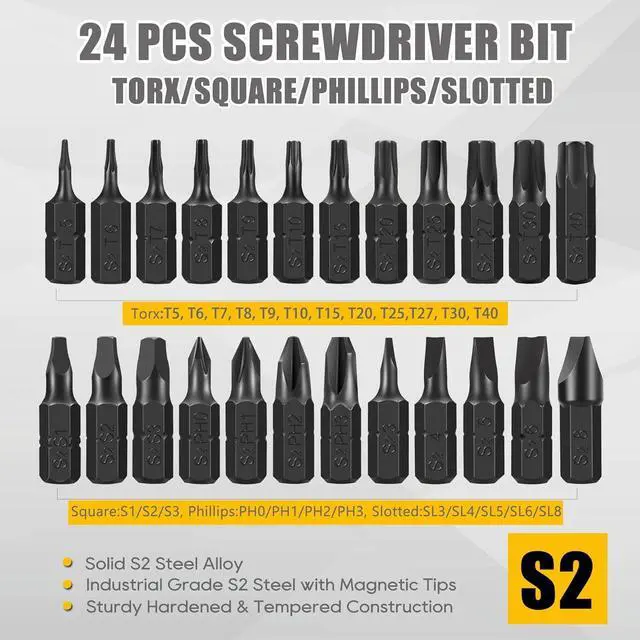 Alt view image 3 of 7 - 49-Pack Screwdriver Bit Set Hex Head Drill Bit Set Torx Square Slotted Phillips Bit Set with 1/4 Bit Holder 1/4 Hex Shank S2 Steel 1Long