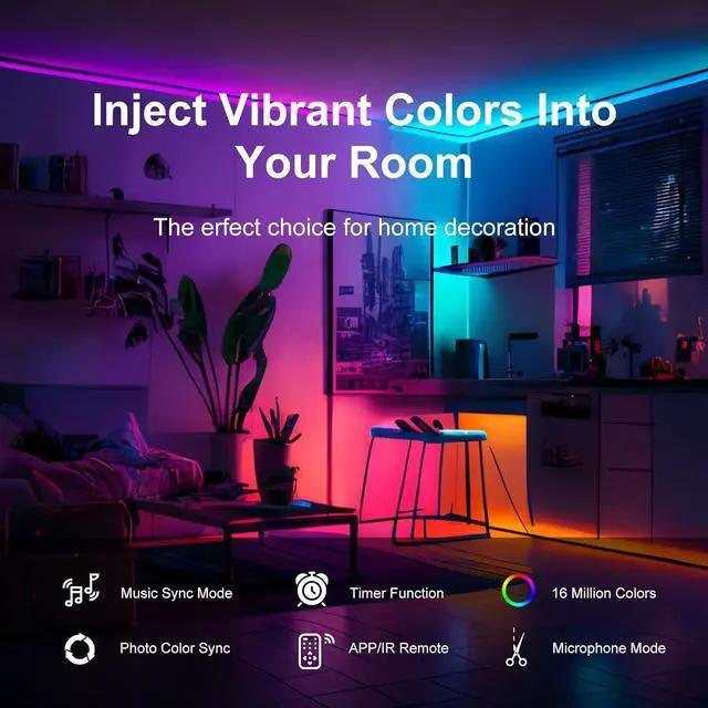 Alt view image 2 of 7 - 200 FT Led Lights for Bedroom Music Synchronized Smart Led Strip Lights Ultra Long with Remote Application Control Bluetooth LED Lights Color Change RGB Light