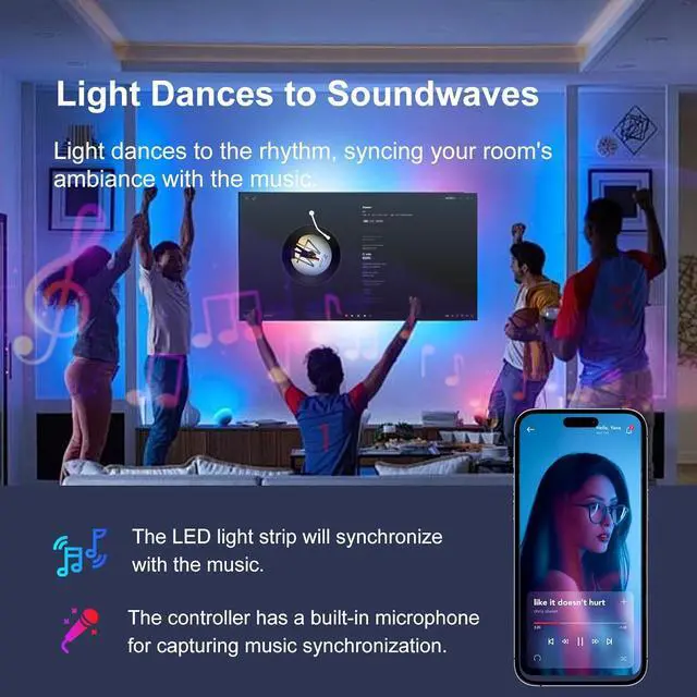 Alt view image 4 of 7 - 200 FT Led Lights for Bedroom Music Synchronized Smart Led Strip Lights Ultra Long with Remote Application Control Bluetooth LED Lights Color Change RGB Light