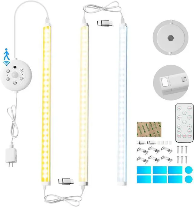 Main image of LED Cabinet Lights Bar with Motion Sensor Dimmable Brightness and Color IR Remote Ultra Thin Strips Lighting Magnetic Mounting for Kitchen Bookshelf Closet 3Pack