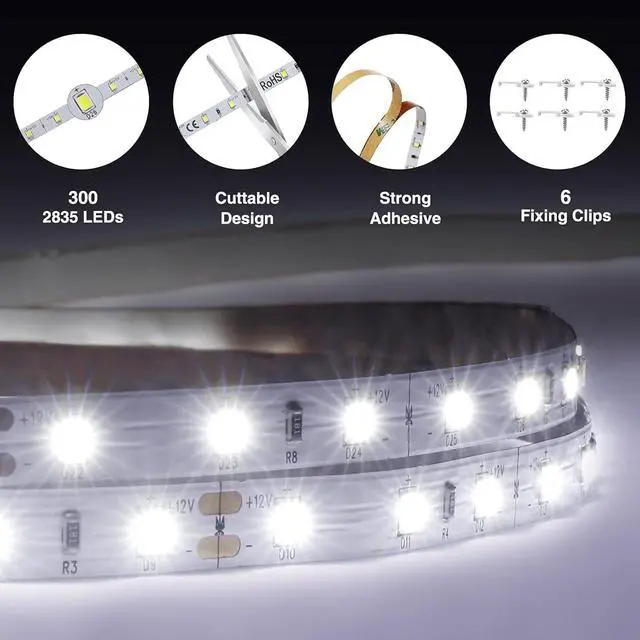 Alt view image 6 of 7 - LED Light Strip 16.4ft Dimmable LED Tape Light 6000K Daylight White Strip Lighting 300 LEDs Flexible Vanity Mirror Light 5M 12V Ribbon Rope Light for Bedroom Under Cabinet Kitchen Christams