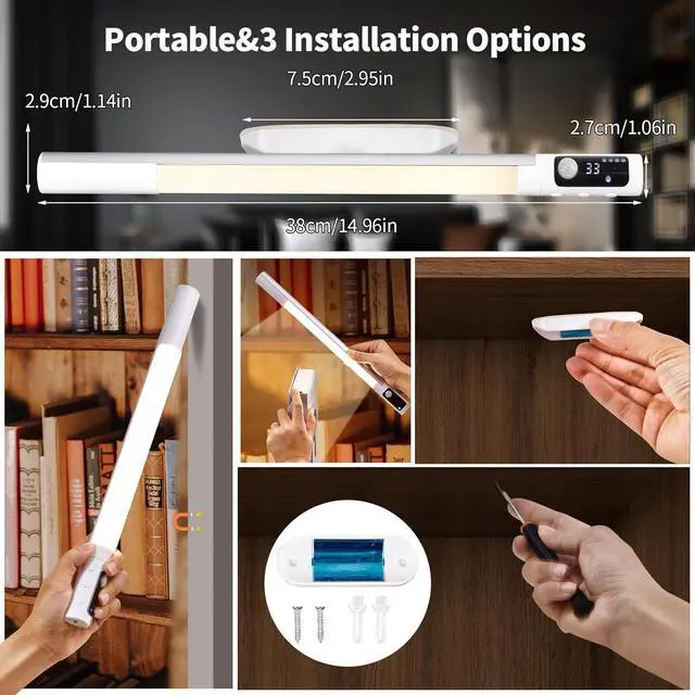 Alt view image 5 of 7 - Battery Powered Operated Wall Strip Lights Rechargeable Magnetic LED Light Bar with 3 Color Modes Dimmable Under Desk Light for Reading Under Shelf Wall Workshop Cabinet Closet Kitchen