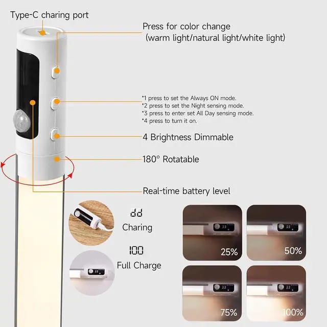 Alt view image 6 of 7 - Battery Powered Operated Wall Strip Lights Rechargeable Magnetic LED Light Bar with 3 Color Modes Dimmable Under Desk Light for Reading Under Shelf Wall Workshop Cabinet Closet Kitchen
