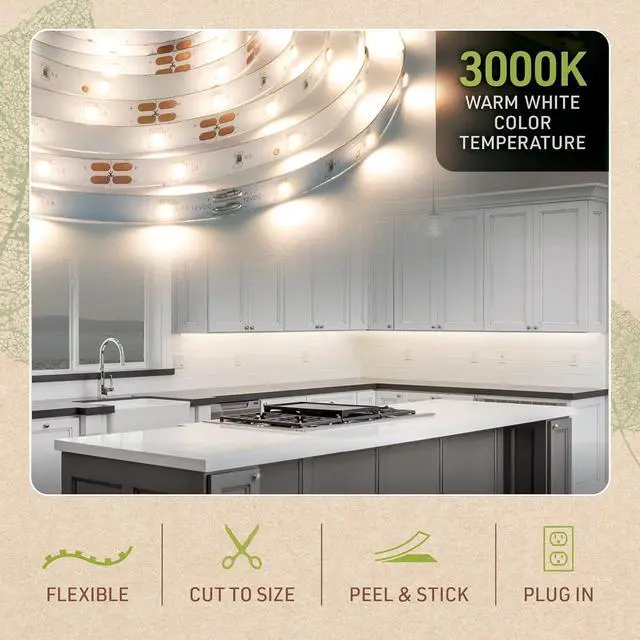 Alt view image 4 of 5 - Complete LED Strip Light Kits (Warm White) 8 ft Flexible Tape 3000K Under Cabinet Plug-in Power Supply 318320
