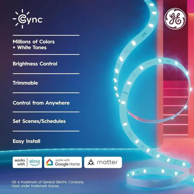 Alt view image 2 of 7 - GE Smart LED Strip Light Color Changing Room Decor LED Light Strip Works with Alexa and Google Home Matter Compatible LED Lights for Bedroom Millions of Colors and White Tones 16 Feet