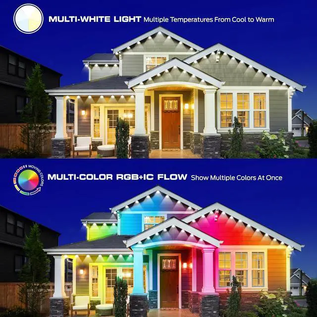 Alt view image 2 of 7 - Smart Permanent Outdoor Lights 50ft 36 LED Eaves Lights RGB+IC+WW Weather & Water Resistant App & Voice Control Compatible with Alexa and Google for Halloween Christmas & Year-Round