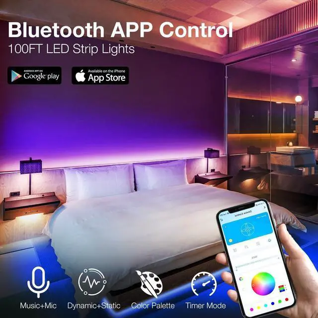 Alt view image 3 of 7 - LED Strip Lights 100ft Smart Lighting with App Remote Control RGB LED Lights for Bedroom Music Sync Color Changing for Room Home Decor Party (1 Roll)