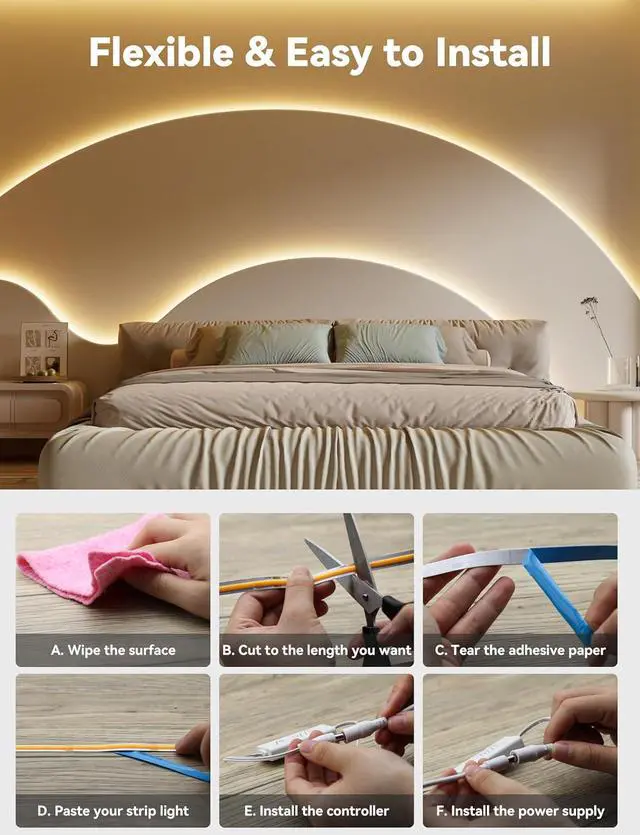 Alt view image 6 of 7 - COB LED Strip Light 16.4ft Engineering Level UL Listed Warm White 2700K CRI93+ Super Bright High Lumen Dimmable 24V Flexible LED Tape Light with RF Remote for Cabinets Home&Office DIY Lighting