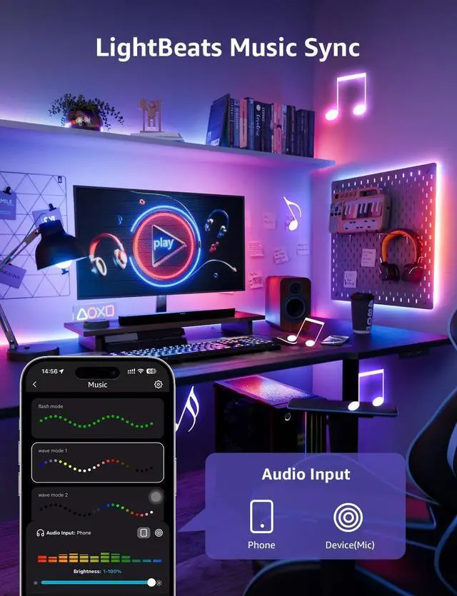 Alt view image 7 of 7 - S1 AI LED Strip Lights for Bedroom - 32.8ft Smart RGB Light Strips with IC and Rainbow Chasing Effects Color Segment DIY Personalized Al Lighting Designer No Remote 2.4G Wi-Fi & Bluetooth