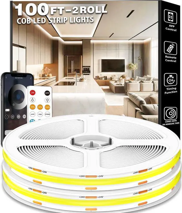 Main image of 100FT COB Led Strip Lights Uniform 6500K COB Rope Light Bright Daylight White lights High Density App/Remote Control Indoor 24V Cuttable Cabinet Lights for Bedroom Bookshelf Showcase Kitchen