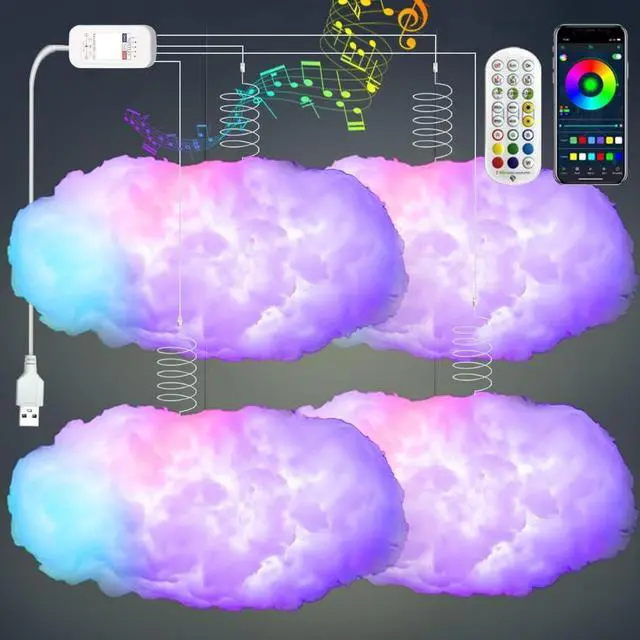 Main image of 4PCS 3D Big Cloud lightning Light Kit Music Sync Warm Multicolor lightning Changing Strip Lights 360 Degree Wireless Remote APP NO DIY Coolest Decorations for Adults and Kids Indoor Home Bedroom