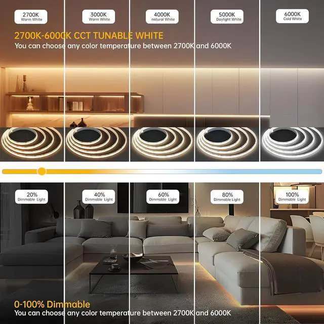 Alt view image 2 of 5 - Tunable COB LED Strip Light Kit Dimmable 2700K-6500K Tape Light with IR Remote Adapter Flexible Rope LED Ribbon for Bedroom Home Lighting Mirror Kitchen Bar Cabinet Daylight Warm White