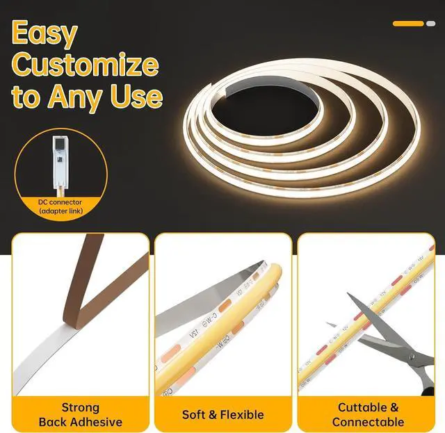 Alt view image 4 of 5 - Tunable COB LED Strip Light Kit Dimmable 2700K-6500K Tape Light with IR Remote Adapter Flexible Rope LED Ribbon for Bedroom Home Lighting Mirror Kitchen Bar Cabinet Daylight Warm White
