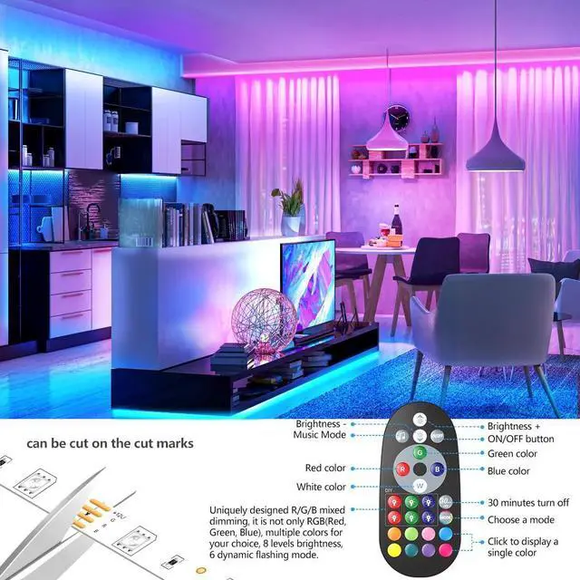 Alt view image 5 of 6 - Led Lights for Bedroom 100ft Music Sync Color Changing Led Strip Lights Smart with Remote and App Control Built-in Mic for Party Home Room Decor Luces LED para Cuarto