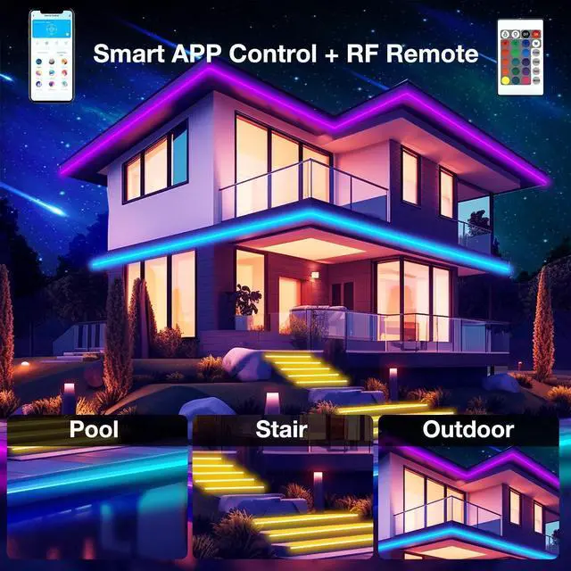 Alt view image 5 of 7 - Outdoor LED Strip Lights IP67 Waterproof LED Lights with Remote APP Control Color Changing LED Rope Lights for Bedroom Bathroom Roof Balcony Pool 24V 100ft