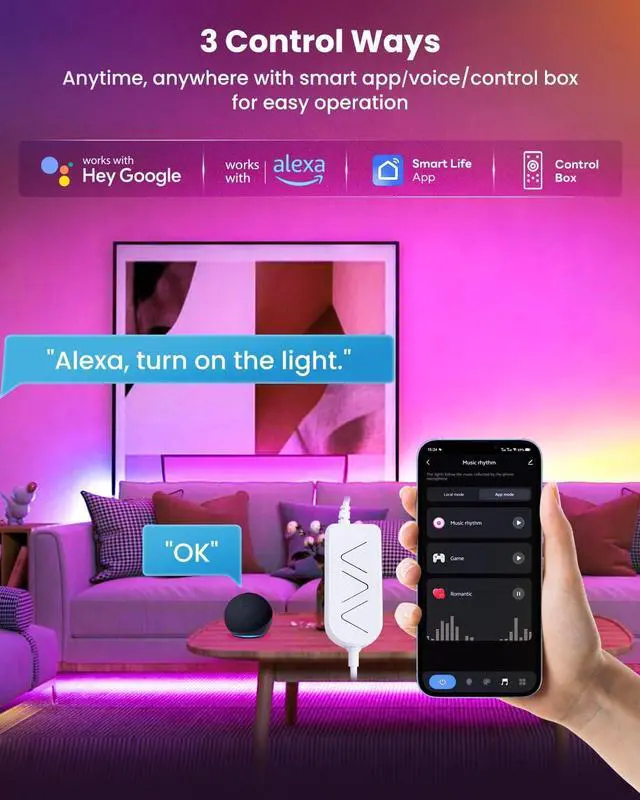 Alt view image 6 of 7 - 9.84ft RGB+IC LED Lights for 32-43 Inch TV Backlight Strip Behind TV with Music Sync Bluetooth APP and Voice Control 44 Scene Modes for Ambient Mood Lighting Monitor Game Bedroom Living Room