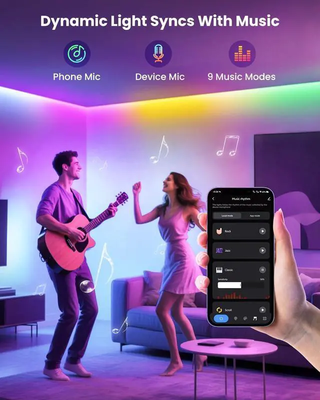 Alt view image 7 of 7 - 9.84ft RGB+IC LED Lights for 32-43 Inch TV Backlight Strip Behind TV with Music Sync Bluetooth APP and Voice Control 44 Scene Modes for Ambient Mood Lighting Monitor Game Bedroom Living Room