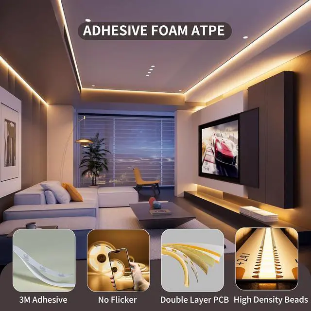 Alt view image 4 of 7 - Warm White LED Strip Light 24V LED led Light Strip with Remote 3000K Super Bright 16.4ft/5m cob led Strip Light Dimmable Timer for Bedroom Kitchen Mirror Cabinet Shelf