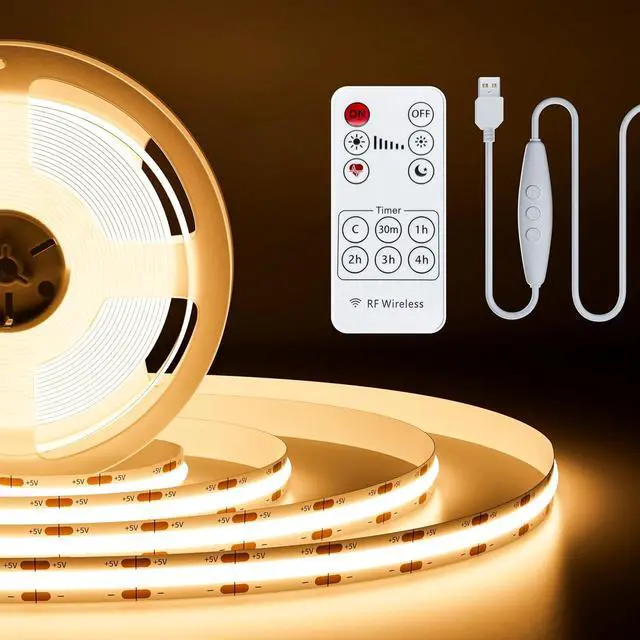 Main image of 5V USB COB LED Strip Light 6.56ft/2m 1200lm 640LEDs Dimmable 3000K Warm White CRI90+ with RF Remote TV Backlight Flexible Under Cabinet Tape Light for Bedroom Kitchen Home Office DIY Lighting