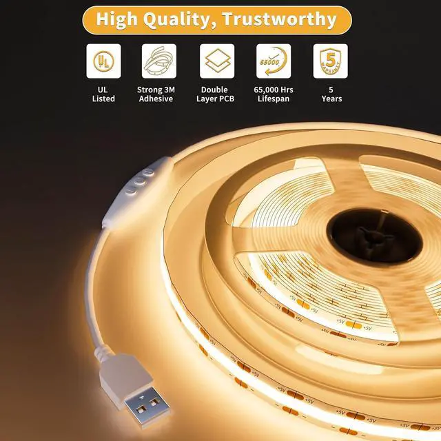 Alt view image 5 of 7 - 5V USB COB LED Strip Light 6.56ft/2m 1200lm 640LEDs Dimmable 3000K Warm White CRI90+ with RF Remote TV Backlight Flexible Under Cabinet Tape Light for Bedroom Kitchen Home Office DIY Lighting