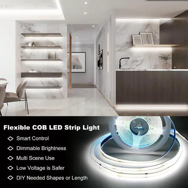 Alt view image 2 of 7 - COB LED Strip Lights LED Light Strips with Remote and App 16.4ft 6500K Dimmable Bright Daylight White LED COB Light Strip Adhesive Indoor COB LED Lights for Bedroom Living Room TV Shelf Cabinet