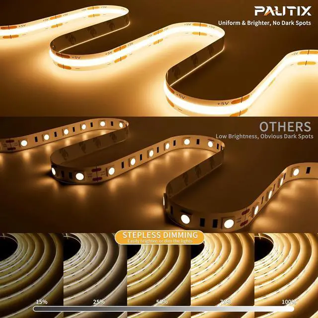Alt view image 2 of 7 - 5V USB COB LED Strip Light 6.56ft/2m 1200lm 640LEDs Dimmable 3000K Warm White CRI90+ with RF Remote TV Backlight Flexible Under Cabinet Tape Light for Bedroom Kitchen Home Office DIY Lighting