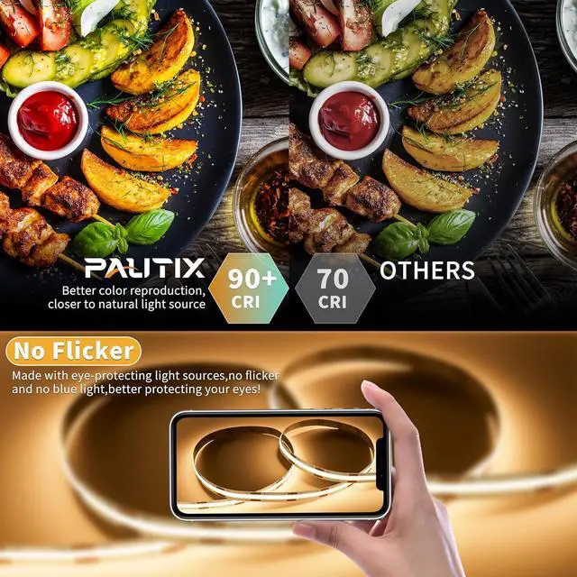 Alt view image 4 of 7 - 5V USB COB LED Strip Light 6.56ft/2m 1200lm 640LEDs Dimmable 3000K Warm White CRI90+ with RF Remote TV Backlight Flexible Under Cabinet Tape Light for Bedroom Kitchen Home Office DIY Lighting