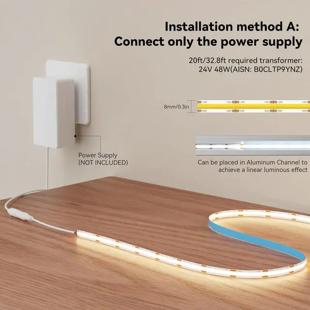Alt view image 7 of 7 - COB LED Strip 20ft/6.1m CRI 90+ Warm White 3000K High Lumen Super Bright Flexible DC24V LED Tape Light for Cabinet Home Office DIY Lighting Projects(Adapter & Controller NOT Included)
