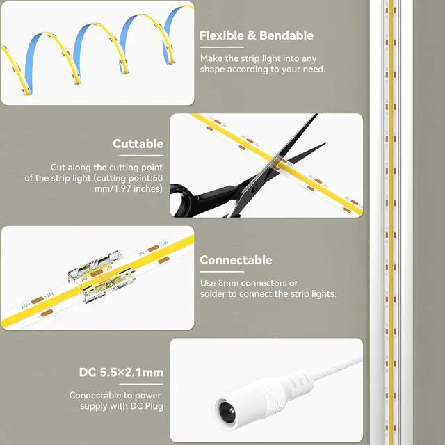 Alt view image 6 of 7 - COB LED Strip 20ft/6.1m CRI 90+ Warm White 3000K High Lumen Super Bright Flexible DC24V LED Tape Light for Cabinet Home Office DIY Lighting Projects(Adapter & Controller NOT Included)