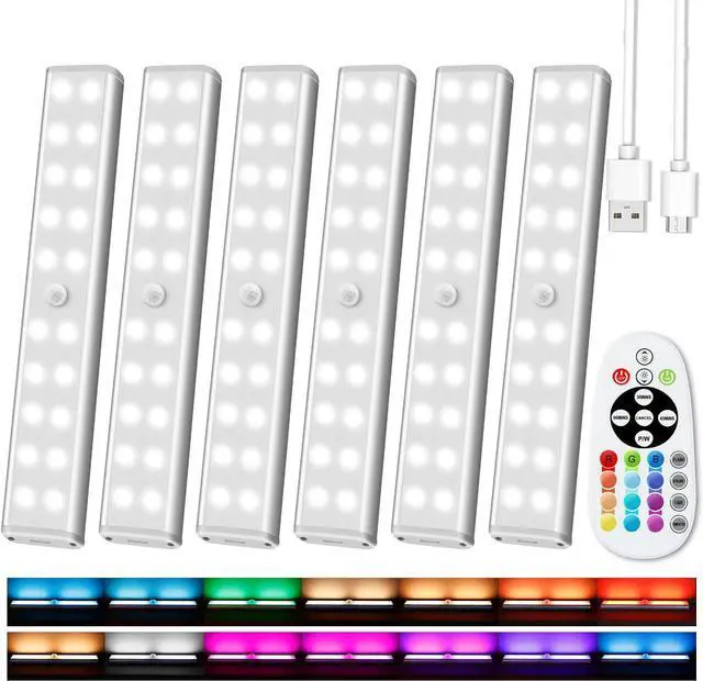 Main image of Under Cabinet Lighting Wireless with Remote, 48 LED Recharge Under Cabinet Lights, Kitchen Counter Lights Dimm LED Closet Light RGB Bar for Shelf, Car, Hallway, 15 Color Changing, 6 Pack