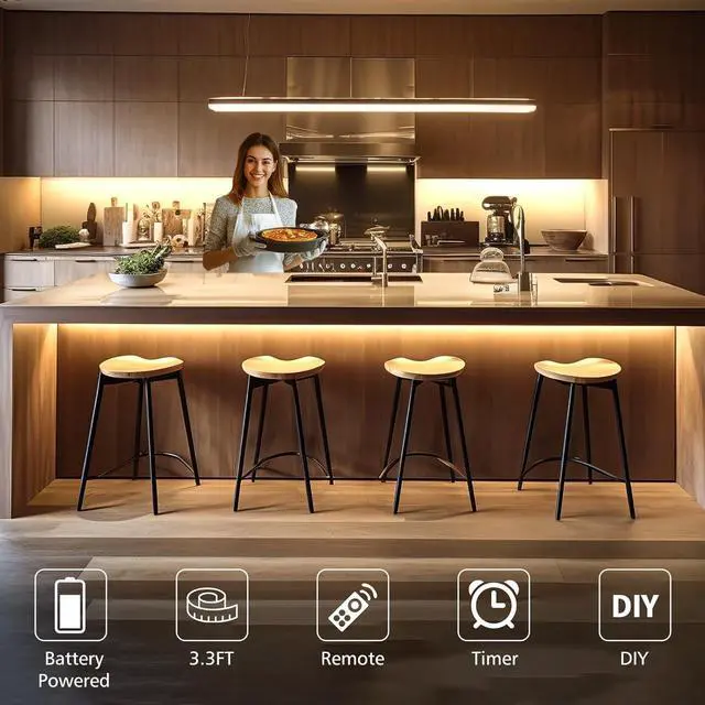 Alt view image 3 of 7 - Strip Lights Battery Operated 3.3FT 2700K Tape Light with Self-Adhesive Timer Dimmable Cuttable Remote Control for Indoor Stairs Cabinets Shelves TV Home Decor (Warm White)