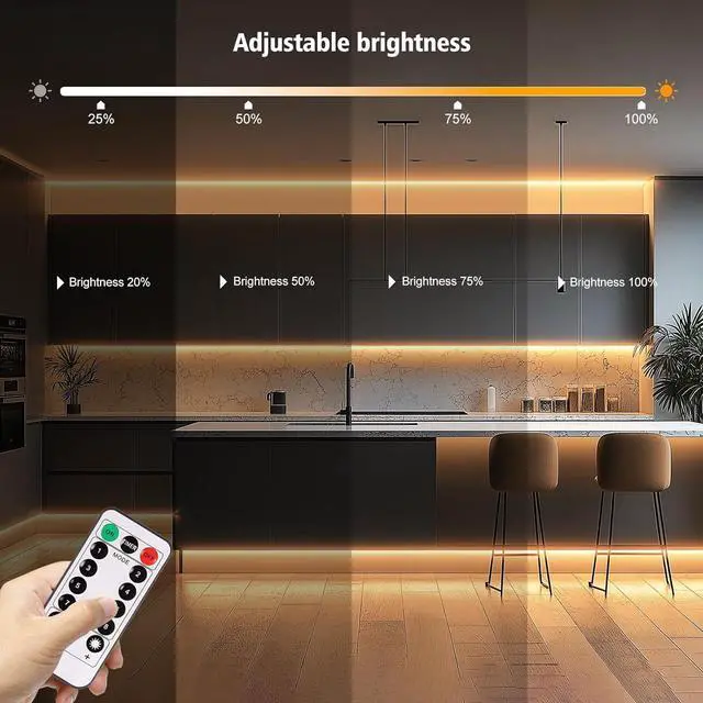 Alt view image 5 of 7 - Strip Lights Battery Operated 3.3FT 2700K Tape Light with Self-Adhesive Timer Dimmable Cuttable Remote Control for Indoor Stairs Cabinets Shelves TV Home Decor (Warm White)