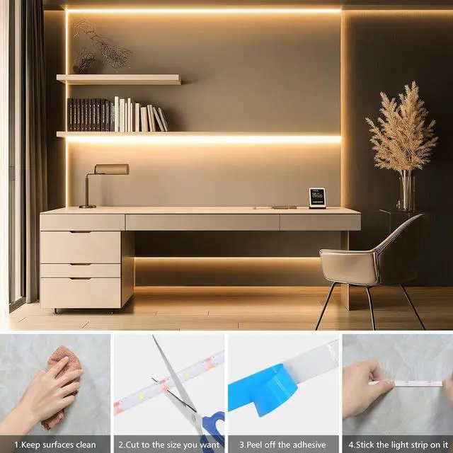 Alt view image 7 of 7 - Strip Lights Battery Operated 3.3FT 2700K Tape Light with Self-Adhesive Timer Dimmable Cuttable Remote Control for Indoor Stairs Cabinets Shelves TV Home Decor (Warm White)