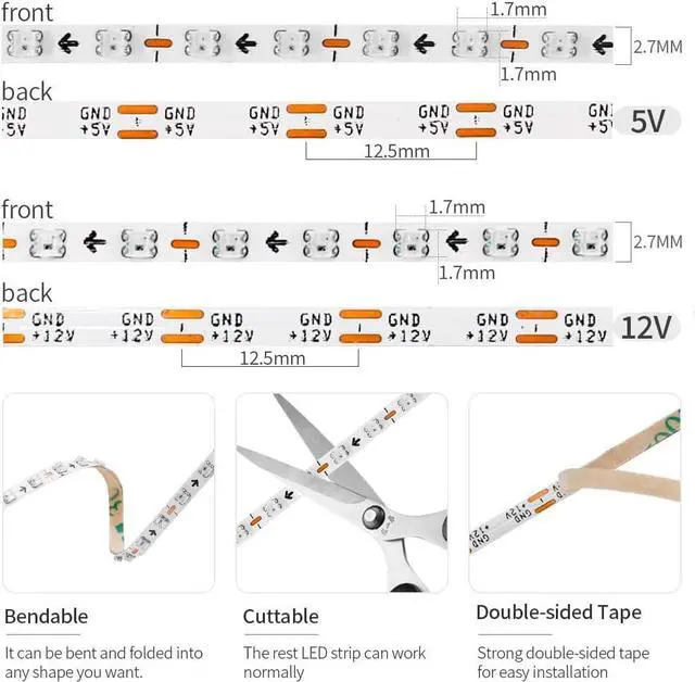 Alt view image 4 of 7 - 3.2FT WS2812B WS2812 2.7mm Ultra Narrow LED Strip 160LEDs/m Individually Addressable Dream Color Flexible Smart Light Tape for Bedroom Kitchen Stage TV Backlight DC12V