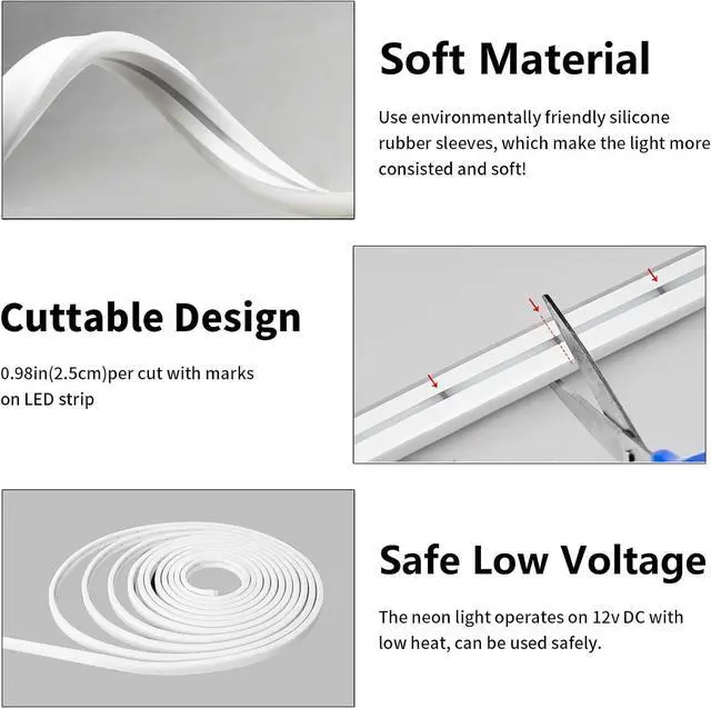 Alt view image 5 of 7 - 12V White LED Strip Lights 16.4FT Flexible Silicone Neon Rope Light Waterproof Cuttable Dimmable & Linkable for Cabinet Ceiling Wall Bedroom Kitchen Garage (No Adapter)