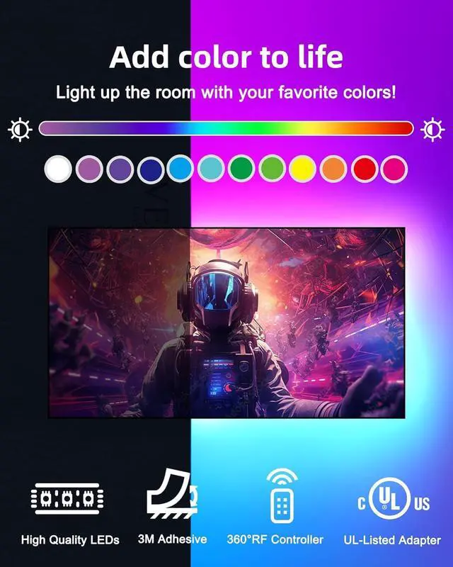 Alt view image 4 of 7 - 32.8ft LED Strip Lights RGB 5050 Color Changing LED Light Kit Ultra Brighter 300LEDs Flexible Light Strips with RF Remote and UL Power Supply for Home Room Party TV Bedroom