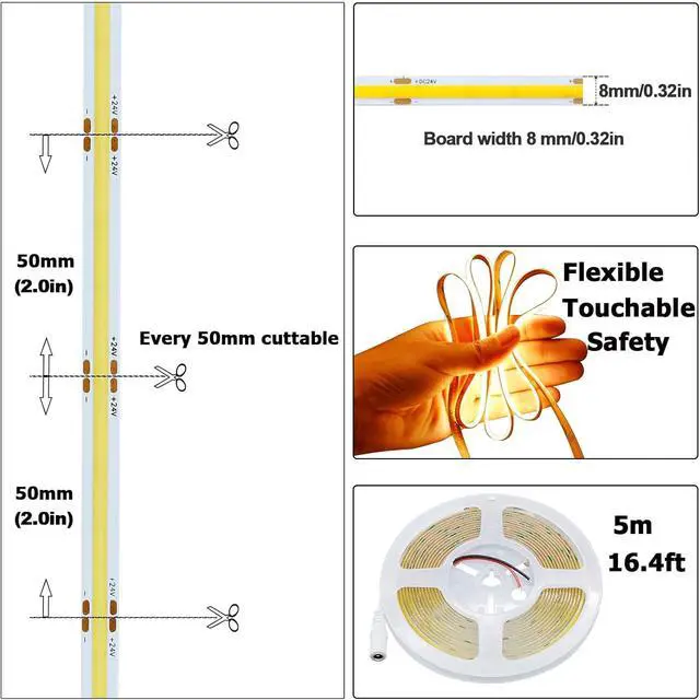 Alt view image 3 of 7 - 24V COB LED Strip Light Warm White 3000K 5M/16.4ft 2400LEDs 4500Lm Uniform Glow CRI 93+ Flexible IP20 Not Waterproof LED Tape Lights for DIY Cabinet Bedroom Kitchen Home Decor(No Power Supply)
