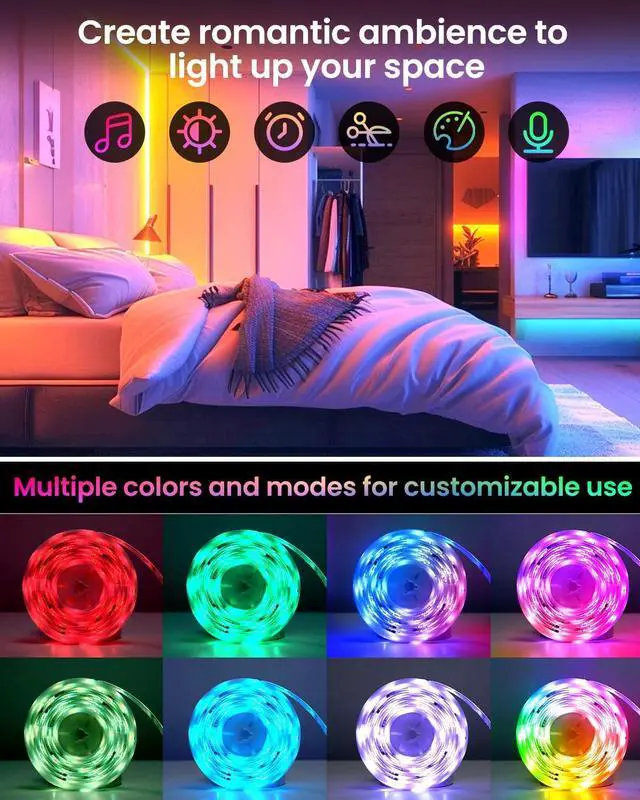Alt view image 4 of 7 - LED Lights for Bedroom 6.6ft Smart RGB+IC LED Strip Lights with App/Remote Control Music Sync Color Changing Flexible LED Lights with 64 Scene Modes for Party Home Christmas Halloween Decor