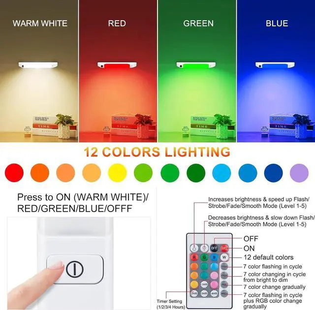Alt view image 2 of 7 - LED Under Cabinet Light with Remote Battery Operated Colors Changing Lighting with Timer Dimmable Light Bar LED RGB Closet Light for Kitchen Cupboard Display Shelf