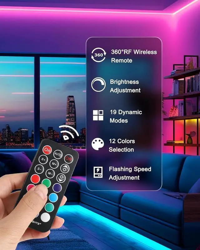 Alt view image 3 of 7 - 32.8ft LED Strip Lights RGB 5050 Color Changing LED Light Kit Ultra Brighter 300LEDs Flexible Light Strips with RF Remote and UL Power Supply for Home Room Party TV Bedroom