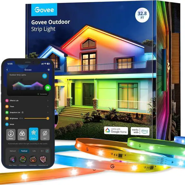 Main image of Outdoor LED Strip Lights 32.8ft Smart Outdoor Lights Work with Alexa and Google Assistant App Control IP65 Waterproof RGBIC LED Lights for Patio Eave Holiday Decorations